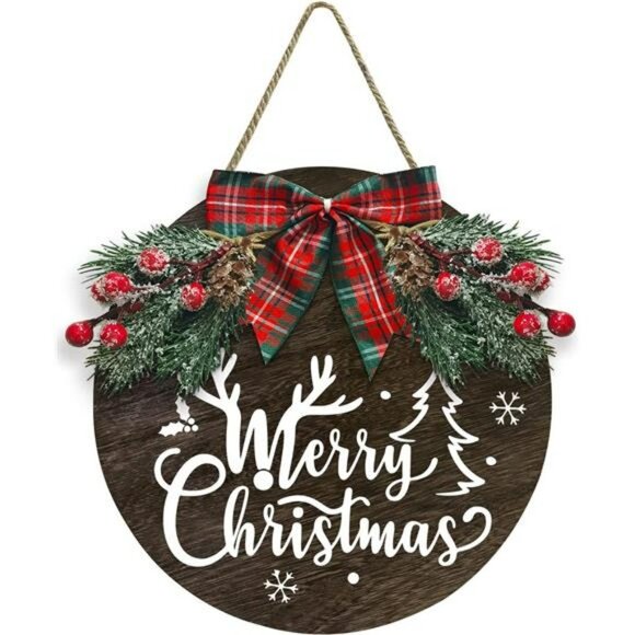 Merry Christmas Welcome Hanging Welcome Sign, Round Wooden Christmas Sign - Picture 3 of 6